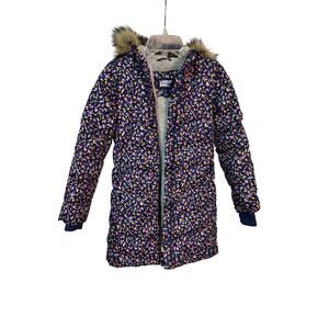 Lands End M 8 parka puffer coat hood pockets warm euc like new blue w/polka dots